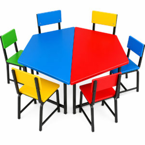 Colorful hexagonal table with matching chairs and metal frame