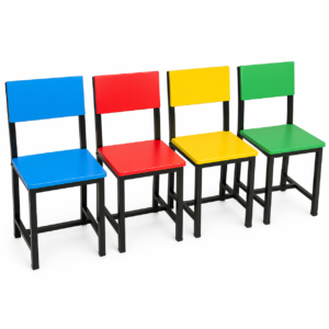 Colorful kindergarten chairs in blue, red, yellow, and green with metal frames