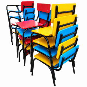 colorful kindergarten chairs with wooden seats and metal frames stacked together