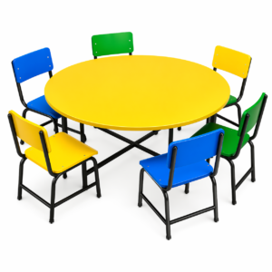 Colorful round table with matching chairs and metal frame