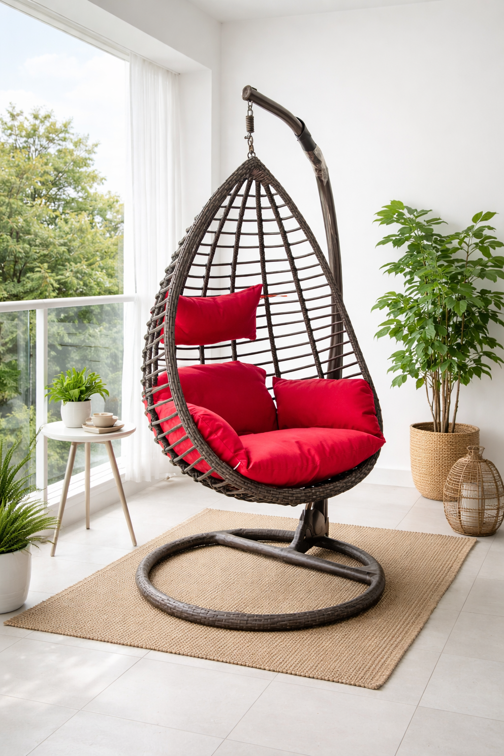 Luxury rattan hanging egg chair with red cushions on a cozy white balcony indoor setup with plants and natural light