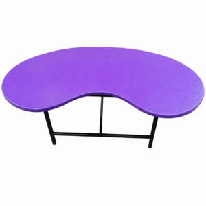 Curved purple kidney bean table with metal frame for classroom and collaborative use