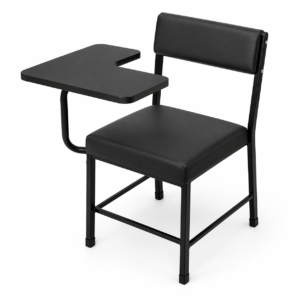 Black cushioned lecturer chair with attached writing desk