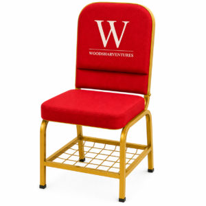 Red banquet chair with gold metal frame and custom logo