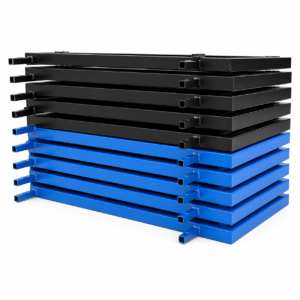 Stacked detachable metal school bed frames with black and blue finish