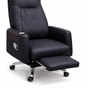Elegant executive recliner office chair with footrest and high-back design on a white background