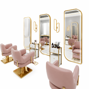 Elegant salon LED mirror with gold accents and ambient lighting