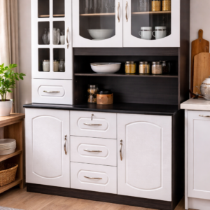 Two-tone kitchen hutch display with glass cabinets, drawers, and lower storage in a modern kitchen setup.