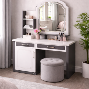 Bright and elegant vanity setup with mirror, drawers, and cushioned stool in a modern bedroom.