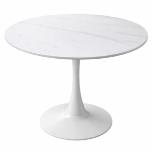 Round white marble dining table with a sleek pedestal base in a clean, modern setup.