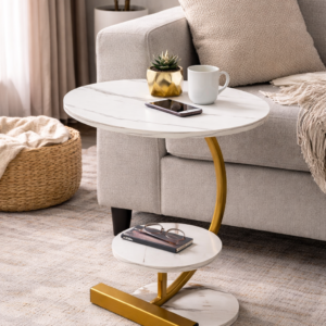 Elegant wooden side table placed next to a sofa in a modern living room setup