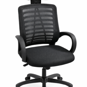 Ergonomic black mesh office chair with headrest and adjustable features on a white background
