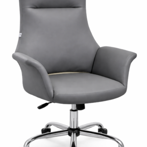 Ergonomic office chair in grey faux leather with high back and chrome base on a white background
