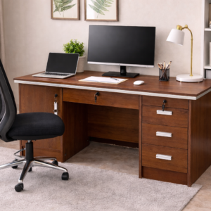 Executive 1.2m office desk with drawers, enclosed cabinet, and wood finish in a modern home office setup.