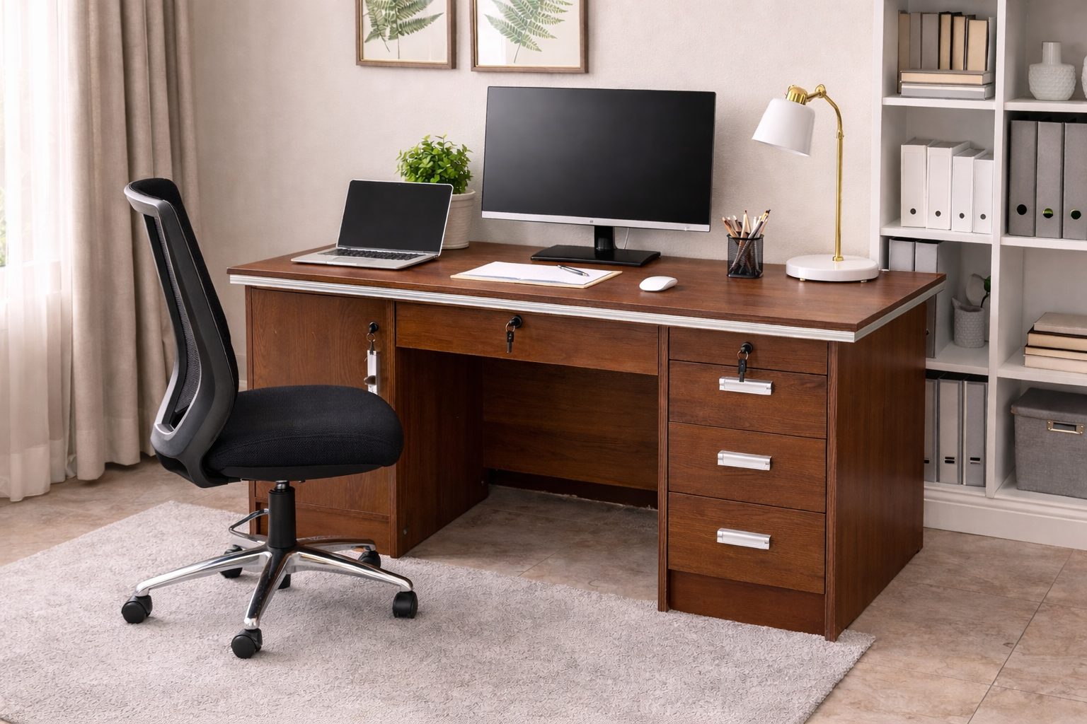 Executive 1.2m office desk with drawers, enclosed cabinet, and wood finish in a modern home office setup.
