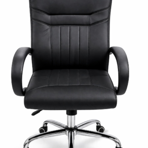 Black office chair with cushioned seat and ergonomic design on a white background