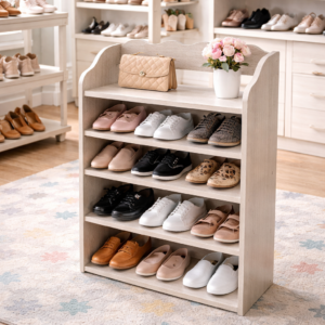 Executive 4-layer wooden shoe rack with multiple shelves in a modern home or shop setup.