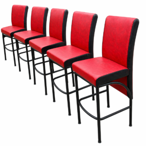 Executive high barstool with red and black upholstery and metal frame