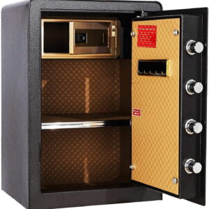 Fireproof biometric safe with programmable keypad, dual alarm system, and adjustable shelves for secure home or office storage.