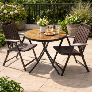 Foldable outdoor chair and table set with wooden finish in a patio garden setup