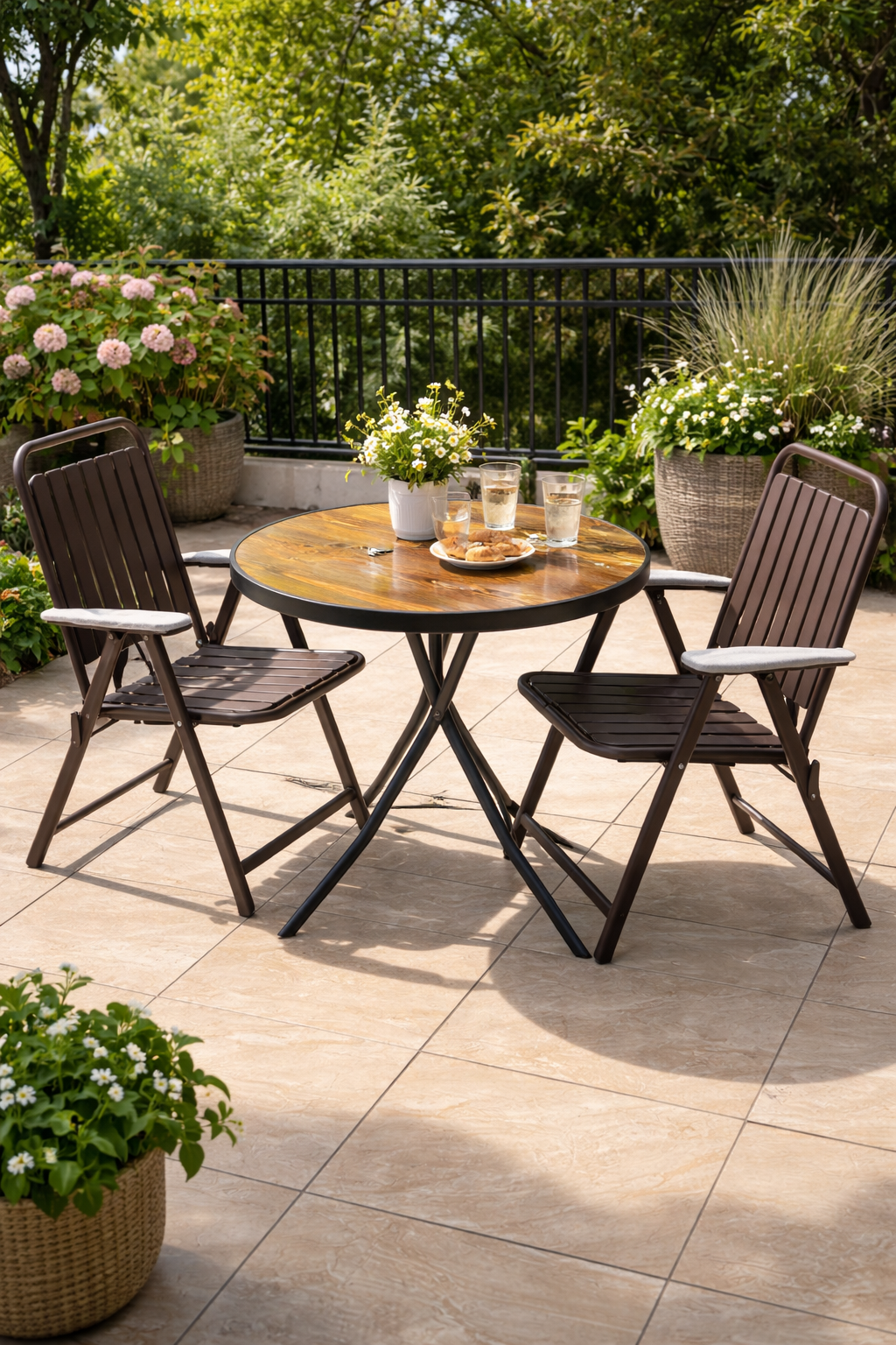 Foldable outdoor chair and table set with wooden finish in a patio garden setup