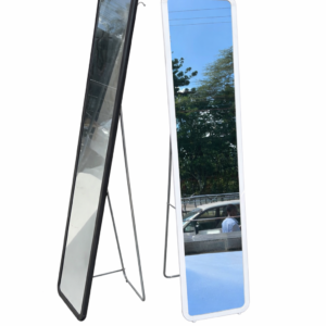 Full-length standing mirror with slim black and white frame