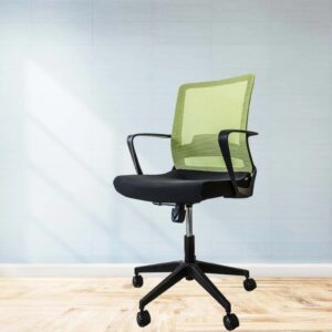 Green Mesh Medium Back Office Chair with ergonomic backrest, adjustable height, padded seat, and swivel base for professional workspaces.