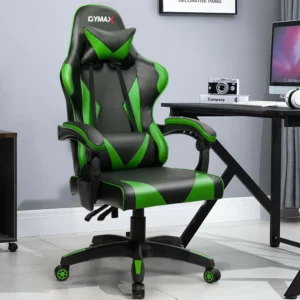 Green Reclining Gaming Chair with high-back support, padded armrests, and adjustable reclining function for gaming and home office use.