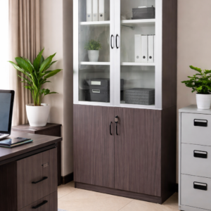 Half glass two door filing cabinet with upper glass shelves and lower wooden lockable storage in a modern office setup.