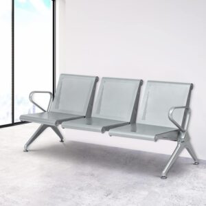Heavy-duty steel 3-seater waiting bench with perforated metal seats for office reception and public waiting areas.