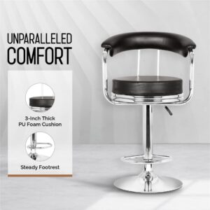 Height adjustable and revolving barstool with cushioned seat, chrome base, and footrest for kitchen counters and bars