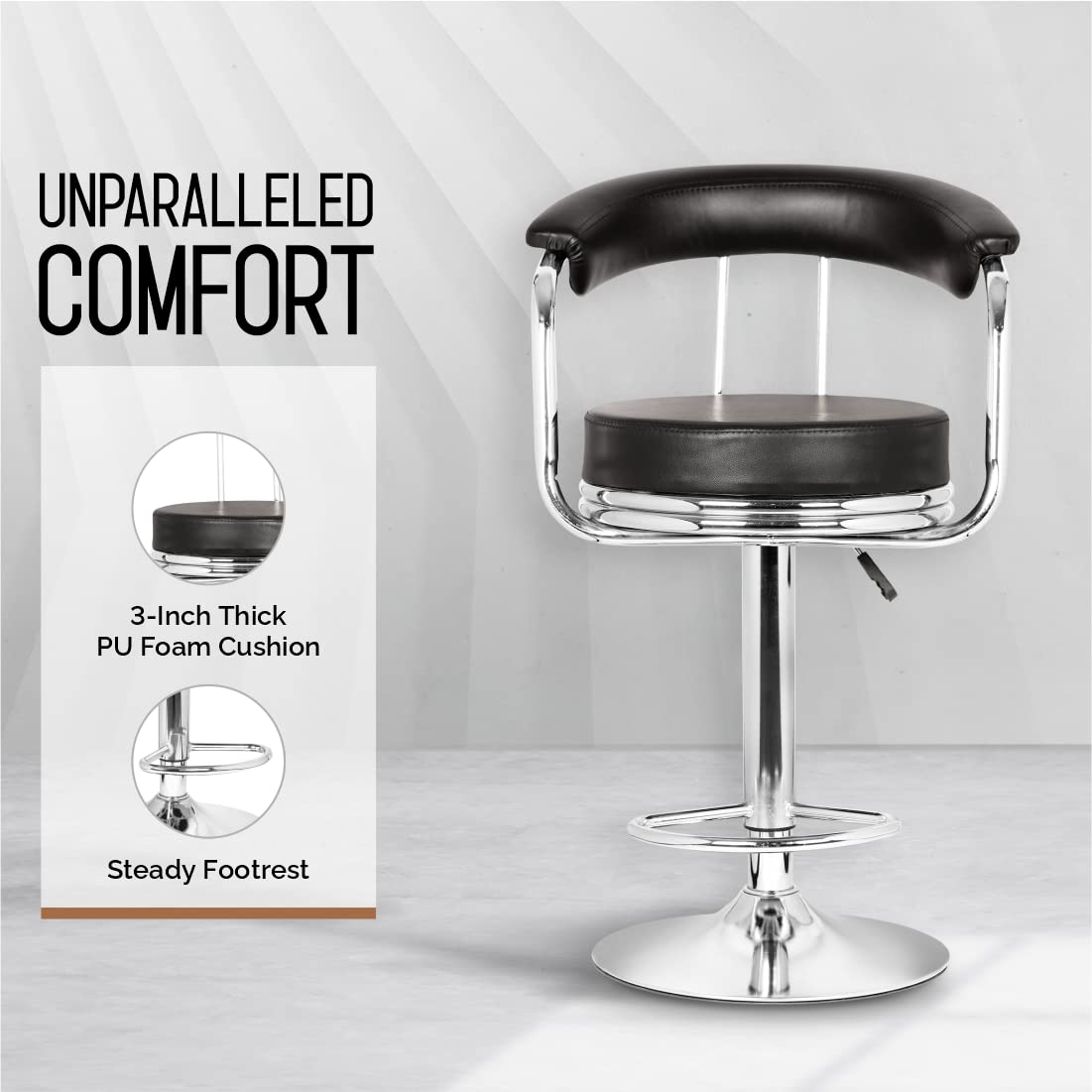 Height adjustable and revolving barstool with cushioned seat, chrome base, and footrest for kitchen counters and bars
