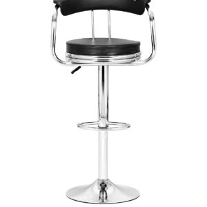 Height adjustable and revolving barstool with cushioned seat, chrome base, and footrest for kitchen counters and bars