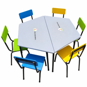 Hexagon kindergarten table with fibre glass top and six colorful chairs