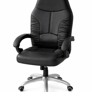 High-back executive office chair with black faux leather upholstery and ergonomic design on a white background