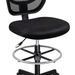 High back mesh reception cashier office seat with adjustable height, footrest ring, and rolling wheels.