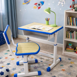 Adjustable kids study desk and chair with ergonomic design in a colorful children’s room setup.