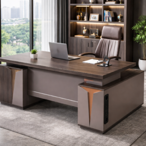 1.6 meter L-shaped executive office desk with storage cabinet in a modern office setup with wooden finish