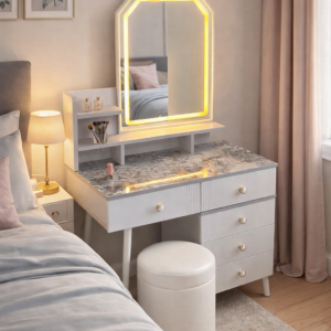 Modern LED dressing table with illuminated mirror, drawers, and sleek design in a stylish bedroom setup