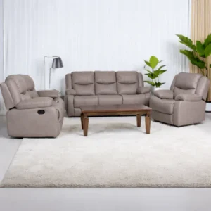 Grey reclining sofa with high-density foam cushions and smooth reclining seats for modern living room comfort.