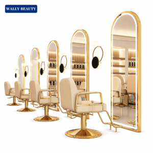 Luxurious salon LED mount mirror with gold accents and ambient lighting