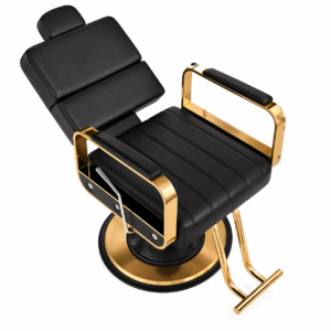 Black and gold reclining salon chair with hydraulic base and leather cushioning