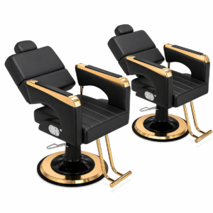Black barber chairs with gold accents, hydraulic base, and reclining backrest