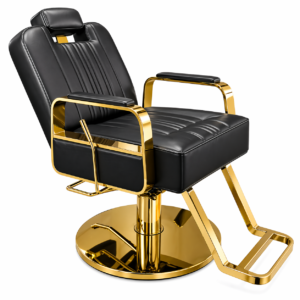 Gold and black barber chair with hydraulic base and reclining backrest