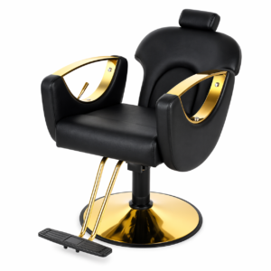 Black and gold salon chair with hydraulic base and leather cushioning