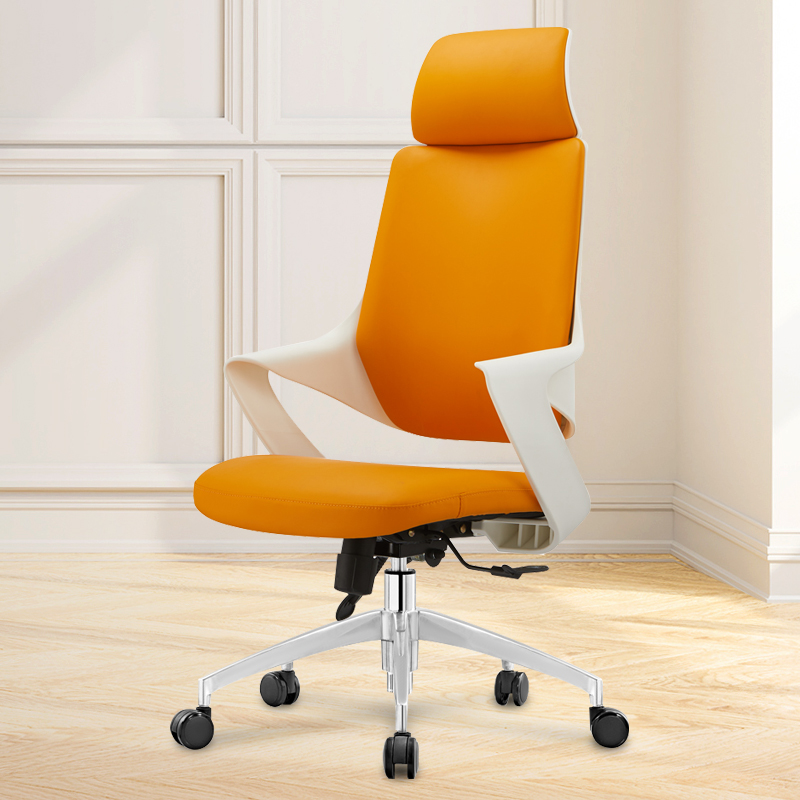 Yellow ergonomic high-back executive office chair with lumbar support, adjustable height, padded armrests, and swivel wheels for comfortable office seating.