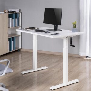 Manual adjustable height table with steel frame and wooden tabletop for ergonomic office or workshop use.