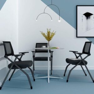 Mesh foldable office seat with padded seat and breathable backrest for compact and flexible office spaces.