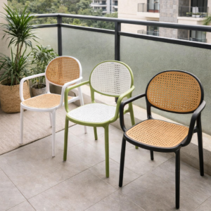 Millan bistro outdoor chairs with rattan style seat and modern frame on balcony setup