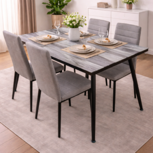 Modern rustic 4-seater dining set with a wood-finish table and upholstered chairs in a stylish dining room setup.